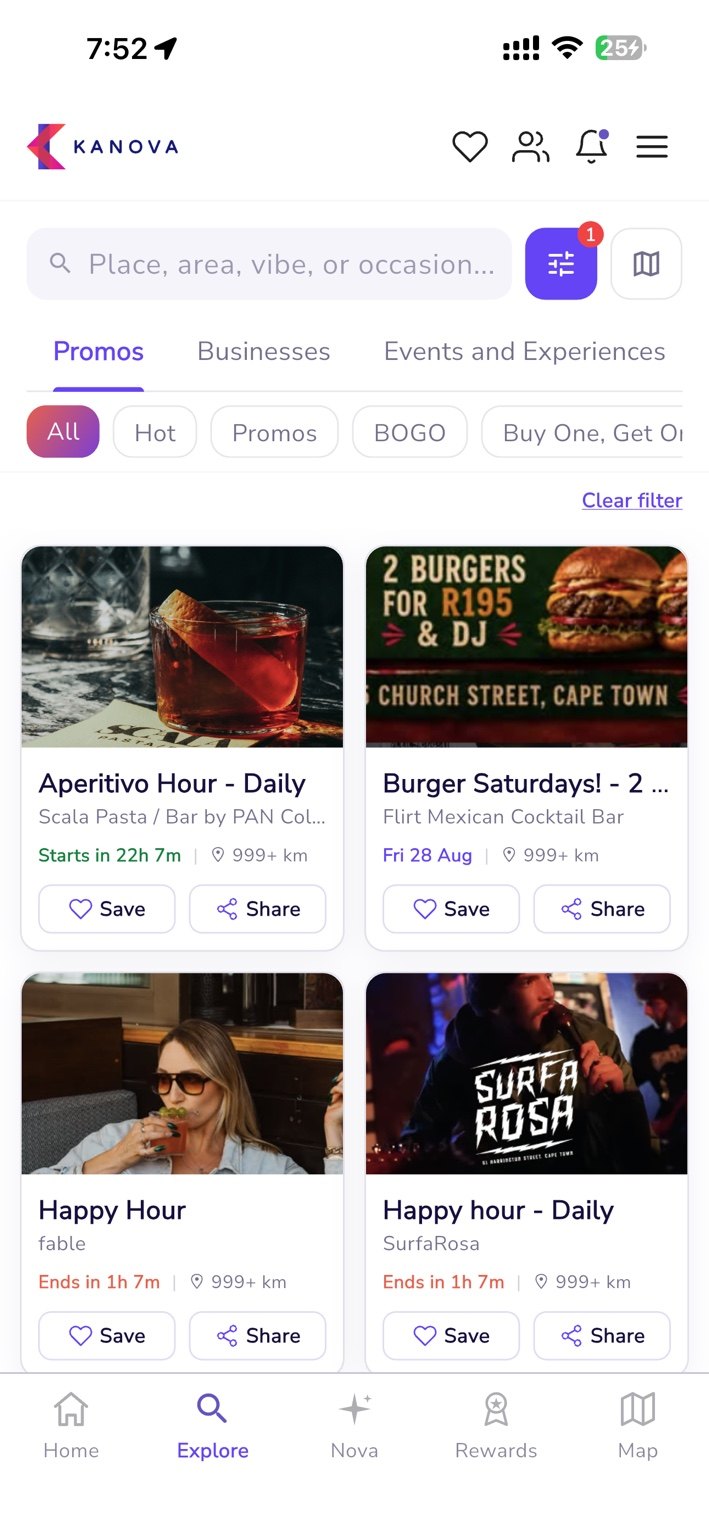 Kanova Explore screen showing promotions and venues