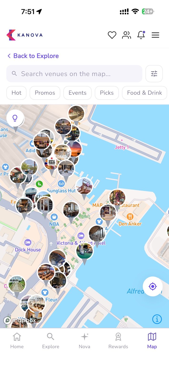Kanova Map screen showing nearby venues in Cape Town