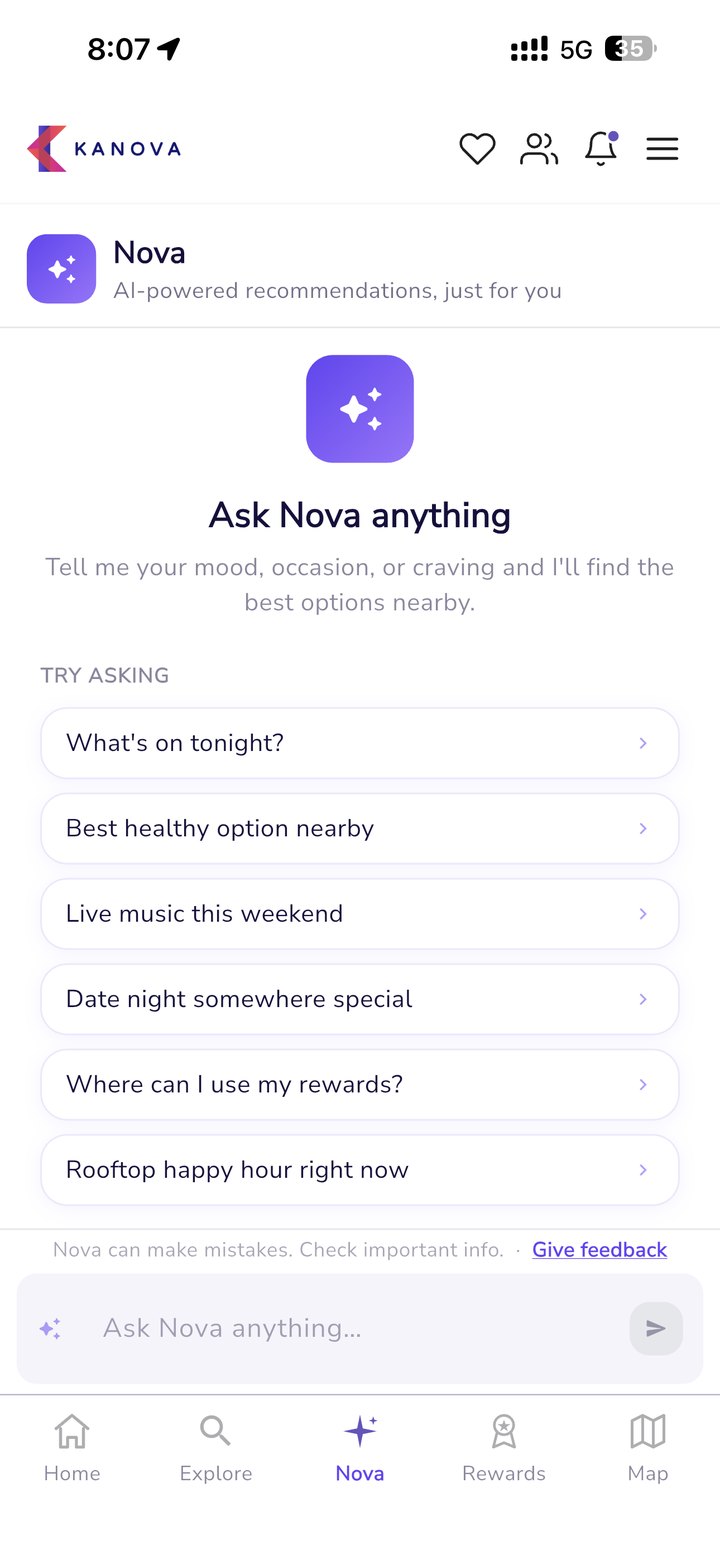 Kanova Nova AI recommendations screen